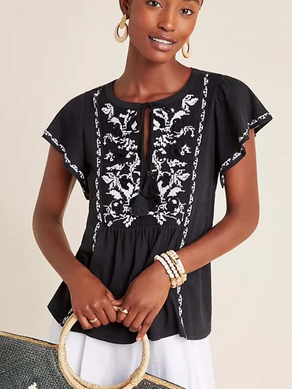 Anthropologie Alexandrine Embroidered white floral flutter sleeves Blouse Size S